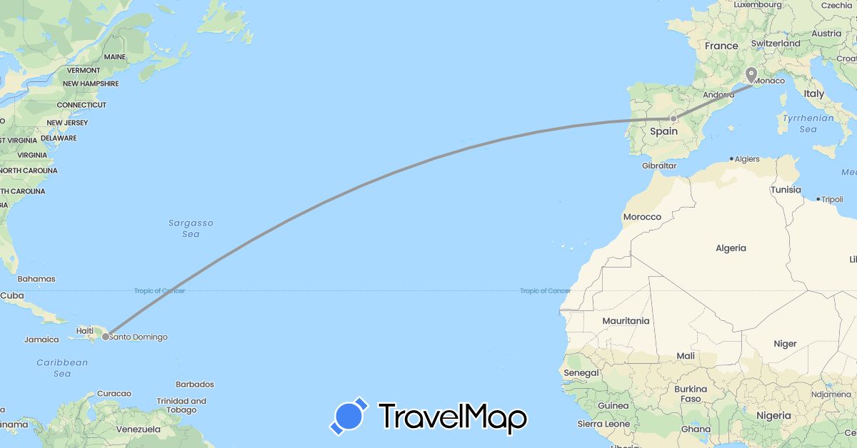 TravelMap itinerary: plane in Dominican Republic, Spain, France (Europe, North America)